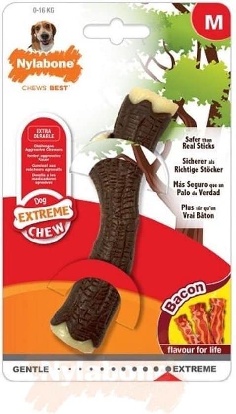 Nylabone Extreme kauwbot – Nylon Houten stok met baconsmaak – Voor de Krachtigste Kauwers – In Medium of Extra Large – Medium