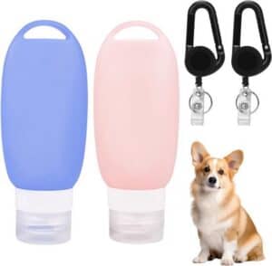 2 stuks 90 ml siliconen hondenvoer-tubes - draagbare reisflessen met inklapbare karabijnhaak - blauw en roze